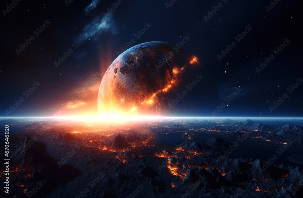 Exploding planet in space