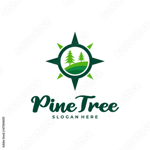 Pine Tree with Compass logo design vector. Creative Pine Tree logo concepts template