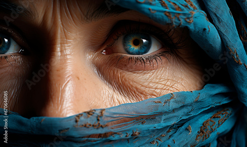 Senior muslim woman with blue eyes and wrinkles looking at camera wearing traditional hijab​