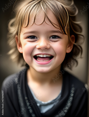 Dark cinematic portrait of laughing child maximum