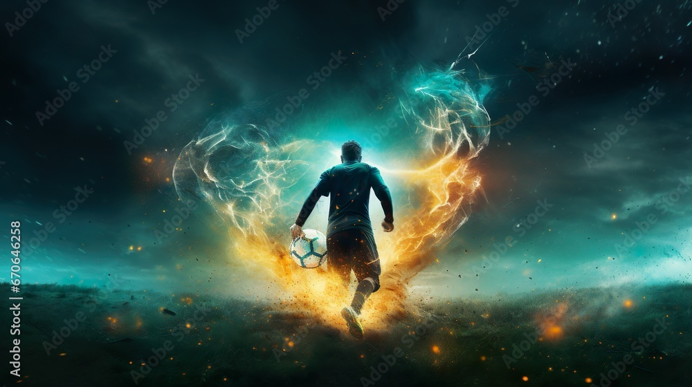 Fototapeta premium Silhouette action sport outdoors of a group of kids having fun playing soccer football for exercise in community rural area under the twilight sunset.