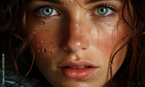 Portrait of young woman with raindrops on her face and blue eyes photo