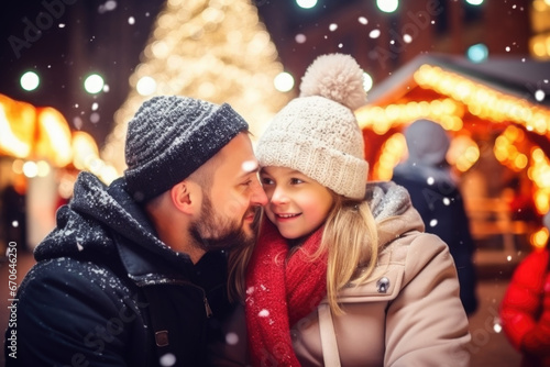 Father and child having god time on traditional Christmas market on winter evening in town decorated with lights © Jasmina