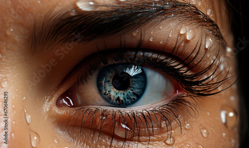 Iris detail of hispanic woman with blue eye, lashes and water droplets macro shot