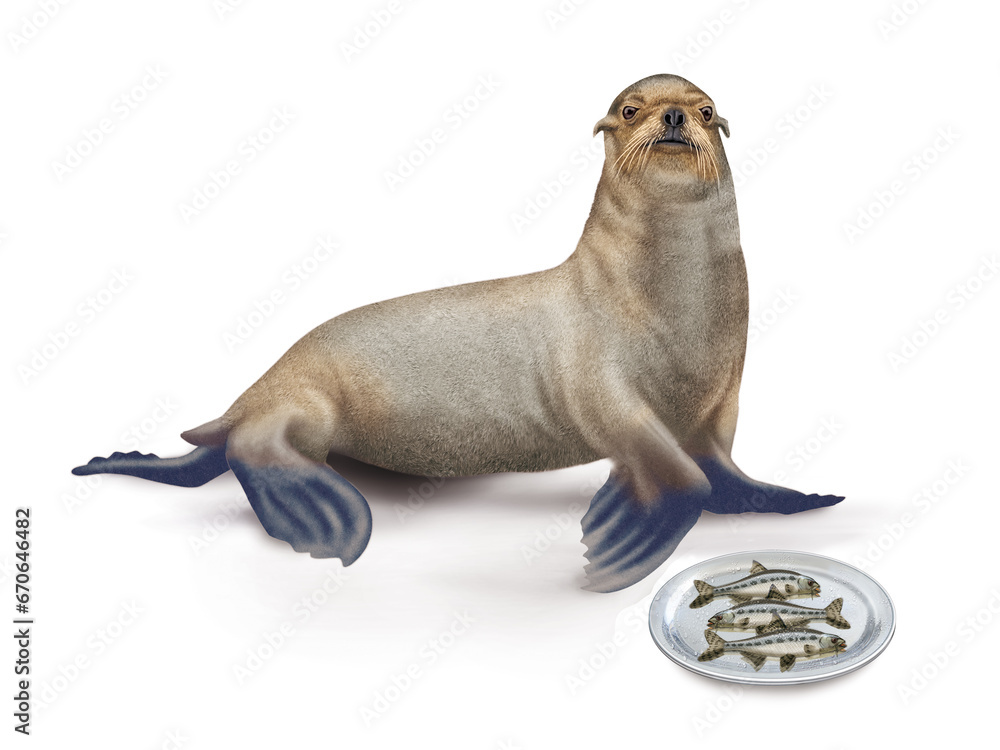 Fototapeta premium lion de mer, poisson, GOUNGON, faune, mammifère, brun, mer, fond blanc, plateau, poisson, manger, frais,