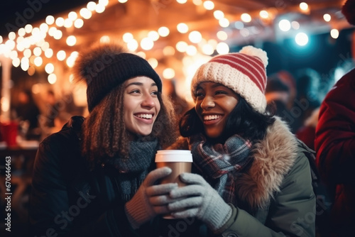 Two beautiful mix race female friends having god time on traditional Christmas market, drinking hot beverages on winter evening