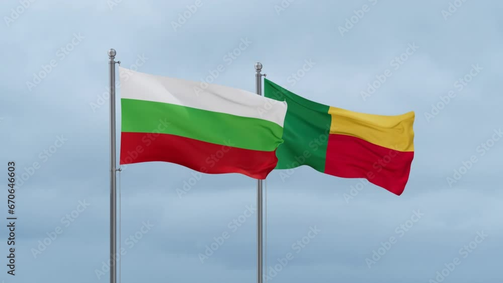 Bulgaria flag and Benin flag waving together on cloudy sky, endless seamless loop Bulgaria flag and Benin flag waving together on cloudy sky, endless seamless loop
