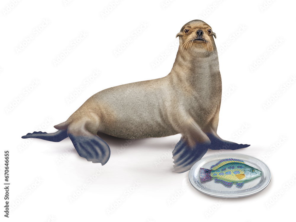 Fototapeta premium lion de mer, poisson, vieille, faune, mammifère, brun, mer, fond blanc, plateau, poisson, manger, frais,