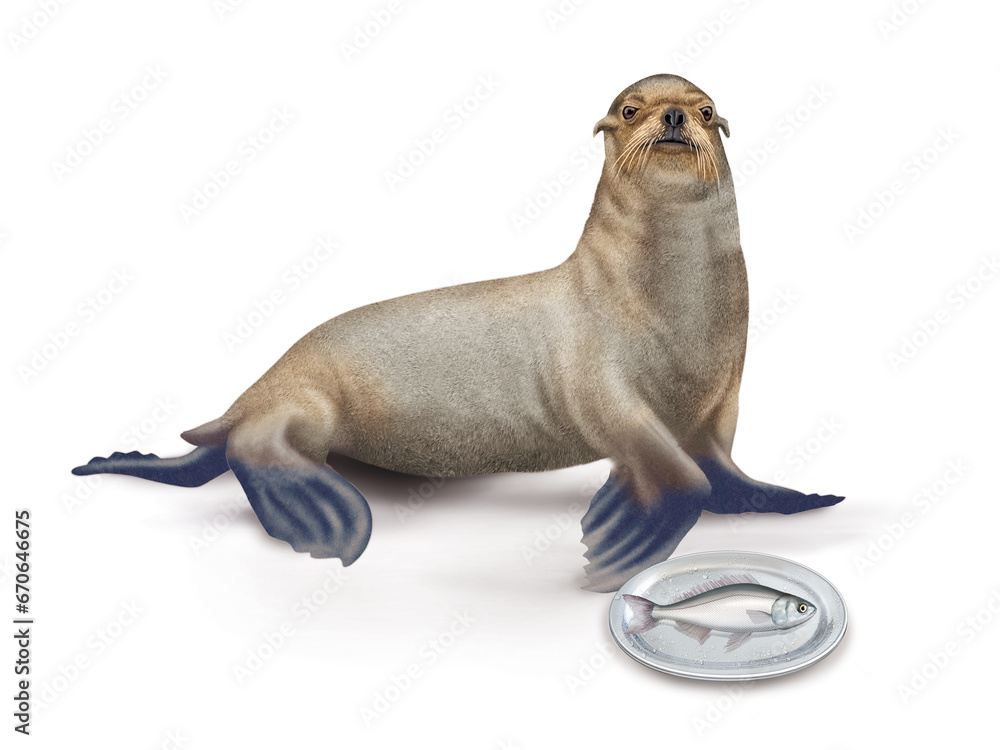 Fototapeta premium lion de mer, poisson, boguel, faune, mammifère, brun, mer, fond blanc, plateau, poisson, manger, frais, 