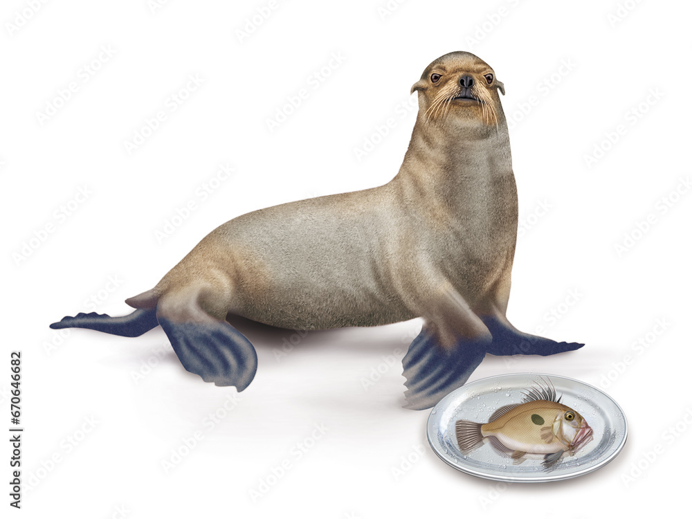 Fototapeta premium lion de mer, poisson, saint pierre , faune, mammifère, brun, mer, fond blanc, plateau, poisson, manger, frais, 