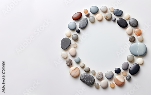 Pebble Rocks arranged in circle. Natural Harmony  Zen  Mental Health concept. Template with copy space for text.  AI generated image. 