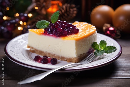 Polish Christmas Tradition: Sernik, the Creamy Cheesecake with Fruit Compote, Graces a Festive Platter, Adding a Touch of Tradition and Deliciousness to Christmas.


