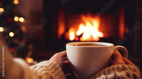 Woman with a cup of drink near the fireplace at home  close-up. Generative AI