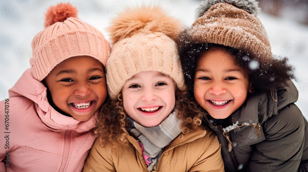 a group of multicultural young children laugh together in the snow in winter a group of multicultural young children laugh together in the snow in winter