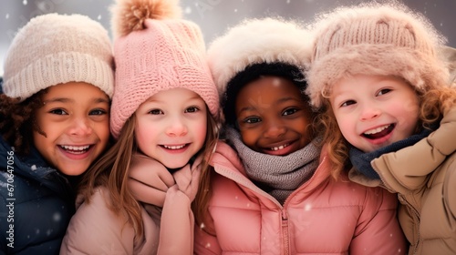 a group of multicultural young children laugh together in the snow in winter