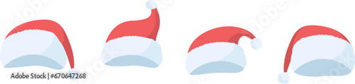 Collection of Santa Claus red winter hats isolated on white background. Bundle of holiday Christmas decorations cartoon vector illustration