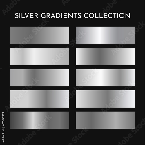 Set of silver gradients. Silver foil texture background set. Vector golden, copper, brass and metal gradient template. Gold gradient vector palette for background template