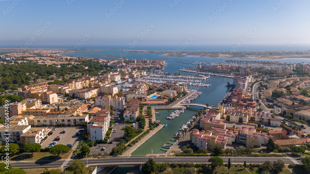 Aerial drone photo of the marina in the coastal town named Gruissan, France
