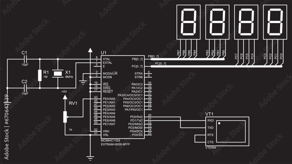 Vector electrical schematic diagram. A drawing
of an electronic device for data
output to seven-segment indicators,
operating under the control of a microcontroller. Vector electrical schematic diagram. A drawing
of an electronic device for data
output to seven-segment indicators,
operating under the control of a microcontroller.