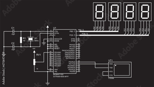 Vector electrical schematic diagram. A drawing of an electronic device for data output to seven-segment indicators, operating under the control of a microcontroller.