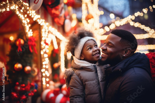 African american father and child having god time on traditional Christmas market on winter evening in town decorated with lights