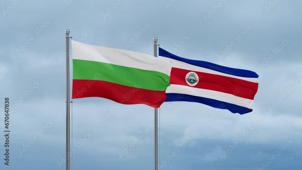 Costa Rico and Bulgaria flag waving together on cloudy sky, endless seamless loop, two country cooperation concept Costa Rico and Bulgaria flag waving together on cloudy sky, endless seamless loop, two country cooperation concept