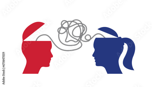 Man, woman open mind head with haywire vector illustration. Male, female business concept design to use in brainstorm, idea, invention, inspiration concept projects. 