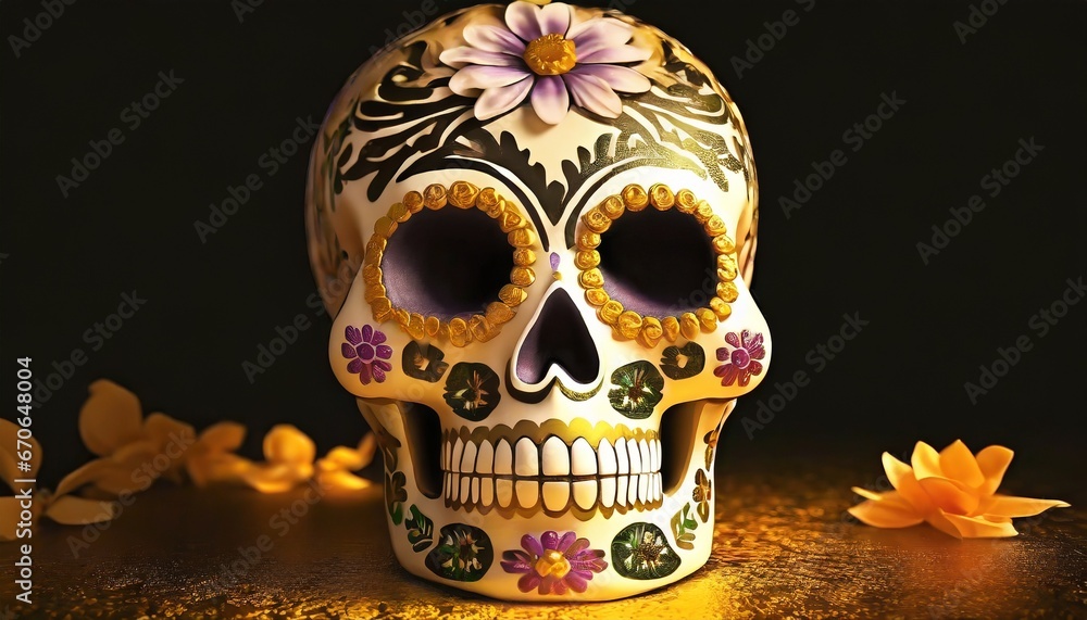 Sugar skull with floral ornament on black background