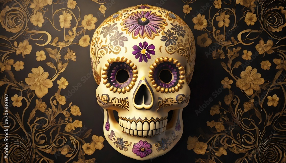 Sugar skull with floral ornament on black background