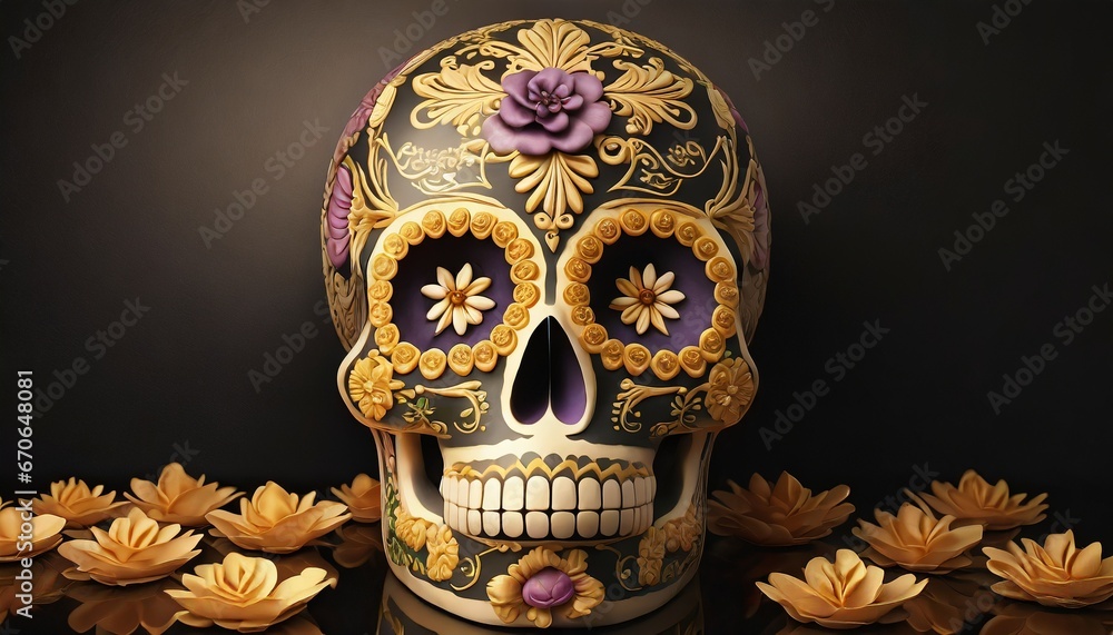 Sugar skull with floral ornament on black background