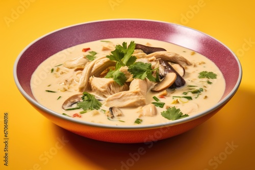 A Taste of Thailand: Tom Kha Gai with Coconut Milk and Chicken - An Exotic Thai Culinary Dish Bursting with Fragrant Flavors and Savory Delicacies.