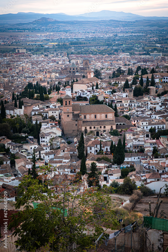 Close up view of the famous Albaicin neighborhood from San Miguel Alto balcony in Granada, Andalusia, Spain. The Albaicin is a UNESCO World Heritage Site.
