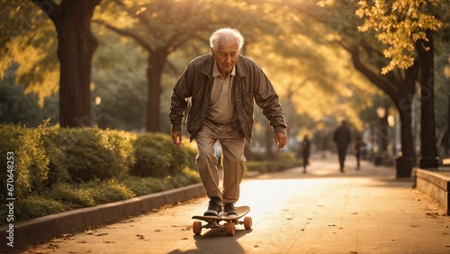 Close-up high-resolution image of an active elderly man playing skateboard in a park. Generative AI.
