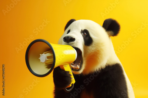 Panda with loudspeaker on yellow background
