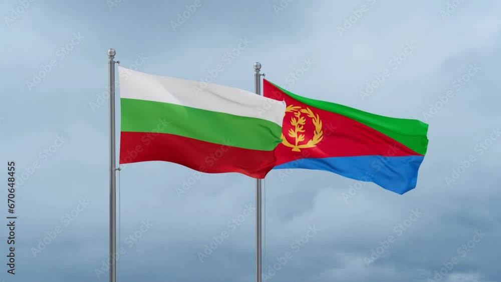 Eritrea and Bulgaria flag waving together on cloudy sky, endless seamless loop, two country cooperation concept Eritrea and Bulgaria flag waving together on cloudy sky, endless seamless loop, two country cooperation concept