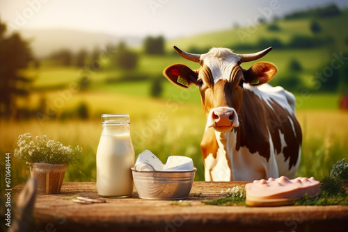 Cow near a wooden table with milk and dairy products