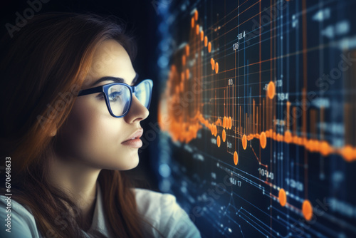 Portrait of female expert in glasses looking at screen with financial data close up