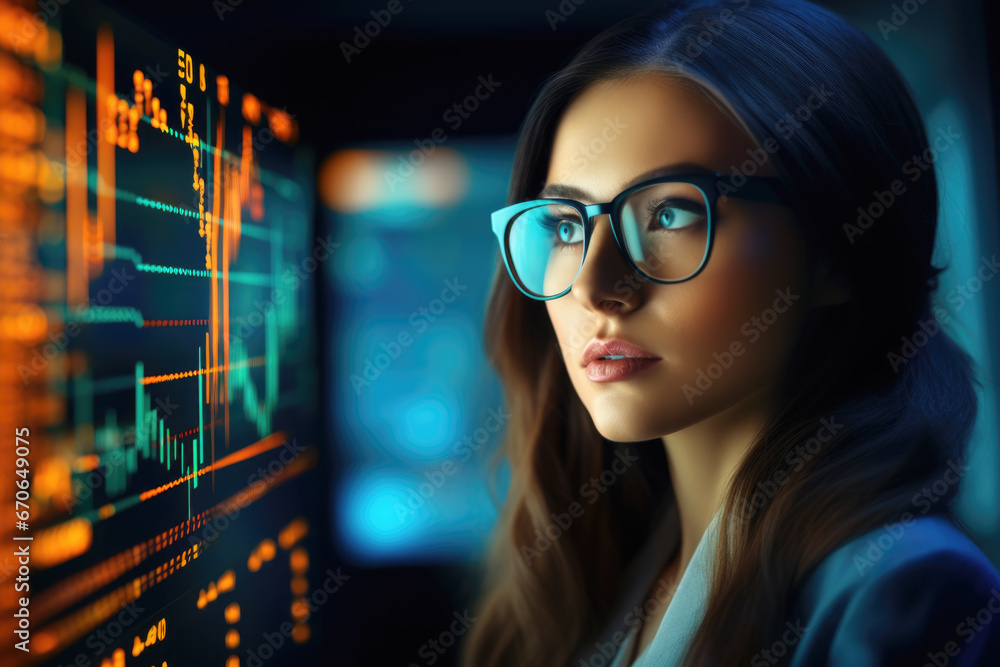 Portrait of female expert in glasses looking at screen with financial data close up Portrait of female expert in glasses looking at screen with financial data close up