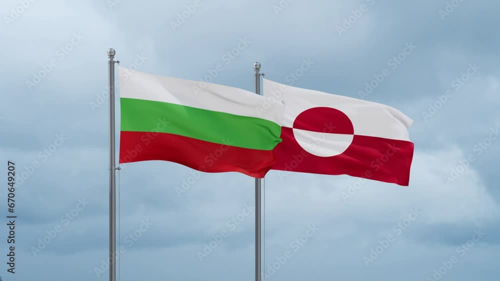 Greenland flag and Bulgaria flag waving together on cloudy sky, endless seamless loop, two country relations concept Greenland flag and Bulgaria flag waving together on cloudy sky, endless seamless loop, two country relations concept