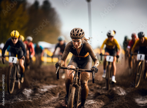 Female cyclist during a cyclocross competition. Women's cycling