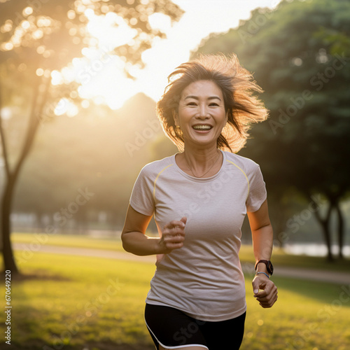 Middle-aged Asian woman running during a sunset in the park