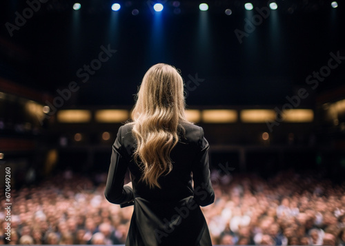 Business woman from behind speaking from a stage to an auditorium