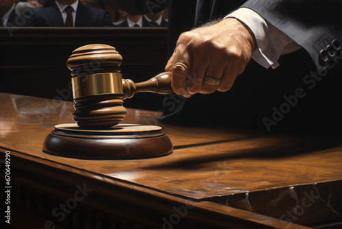 Detail of a judge passing sentence by hitting with the gavel on a wooden table photo