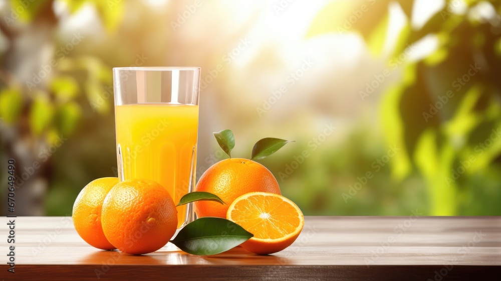 Naklejka premium a glass filled with refreshing orange juice alongside a vibrant orange fruit arranged on a table, blurred background of farm or field