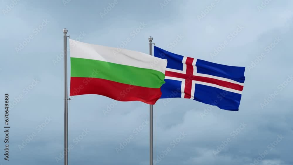 Iceland and Bulgaria flag waving together on cloudy sky, endless seamless loop, two country cooperation concept Iceland and Bulgaria flag waving together on cloudy sky, endless seamless loop, two country cooperation concept