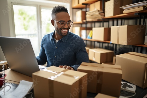 Online store seller in front of laptop. Young black man sitting in a warehouse of packaged products and communicates with a customer. Preparing to send an online order.