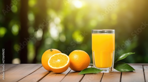 orange juice elegantly placed on a table with oranges, a blurred backdrop of a sunlit field