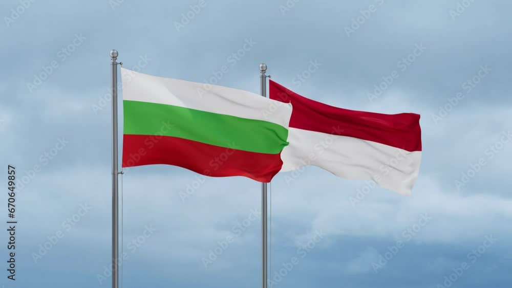 Indonesia flag and Bulgaria flag waving together on cloudy sky, endless seamless loop, two country relations concept Indonesia flag and Bulgaria flag waving together on cloudy sky, endless seamless loop, two country relations concept