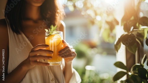 woman holding a glass of fresh orange juice, a healthy lifestyle photo