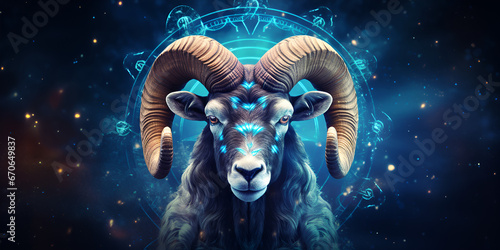 Astrology calendar Aries magical zodiac sign astrology Esoteric horoscope and fortune telling concept Aries zodiac in universe Zodiac sign of capricorn head with light in blue background  photo